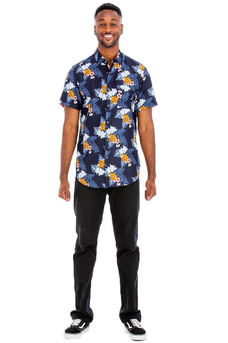 A vibrant Hawaiian button down shirt featuring unique digital prints, showcasing a chest pocket and a regular fit, perfect for summer wear.