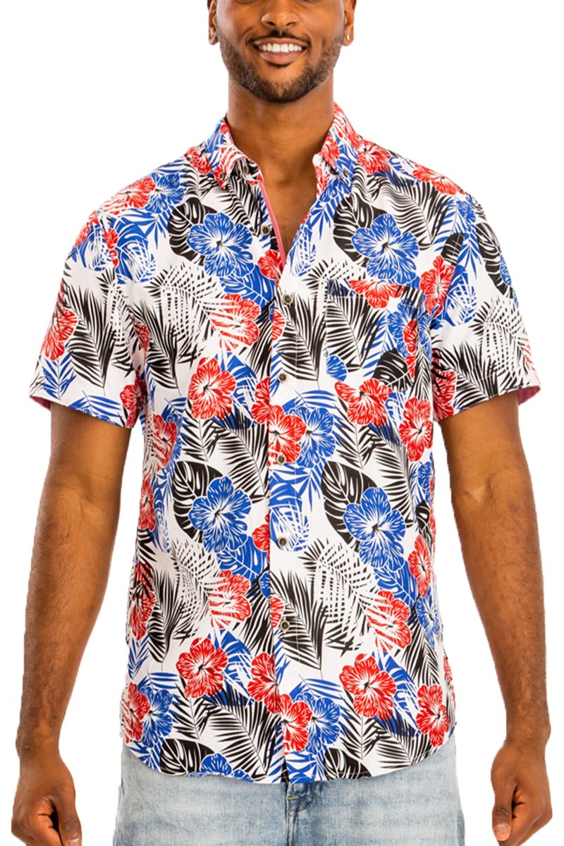 A vibrant Hawaiian button down shirt featuring unique digital prints, a chest pocket, and a comfortable regular fit, perfect for casual outings.