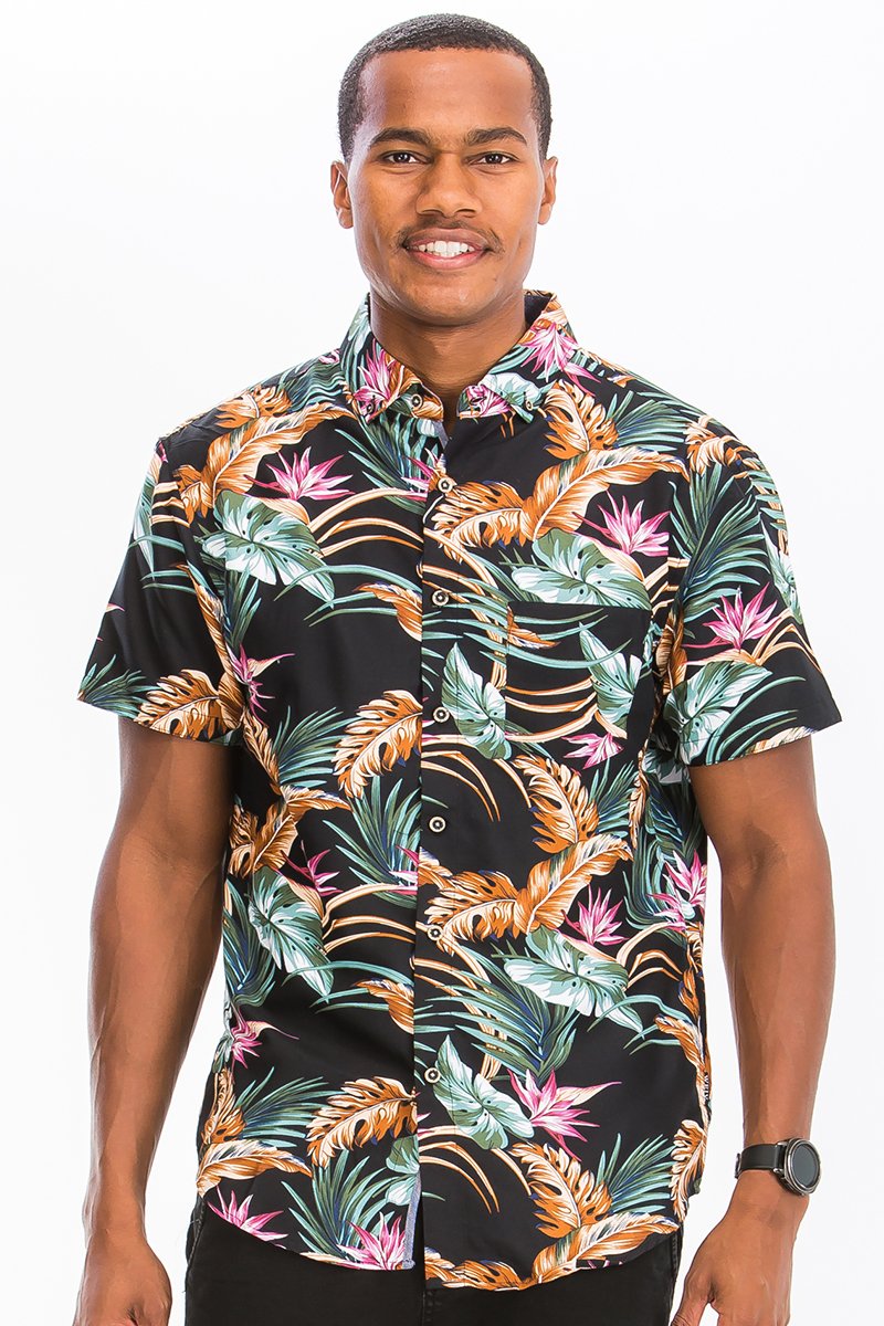 A vibrant Hawaiian Print Button Down Shirt featuring unique digital patterns, a chest pocket, and a regular fit, perfect for summer outings.