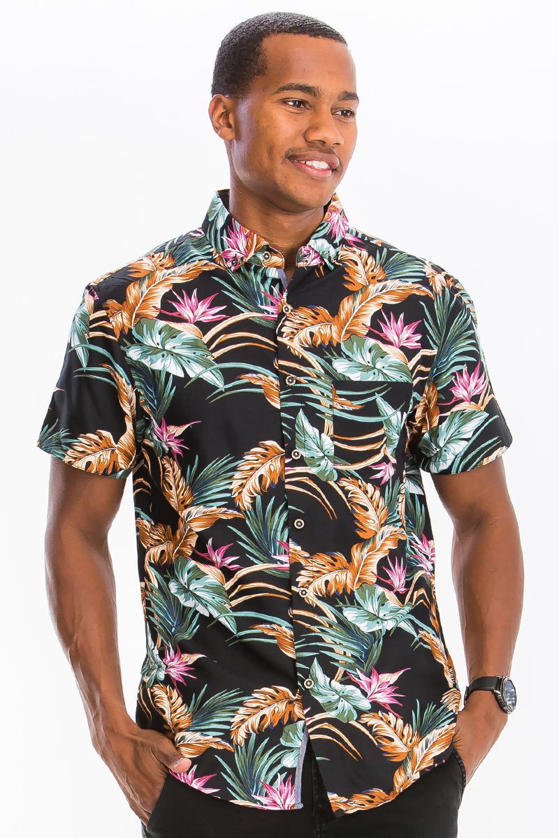 A vibrant Hawaiian Print Button Down Shirt featuring unique digital patterns, a chest pocket, and a regular fit, perfect for summer outings.