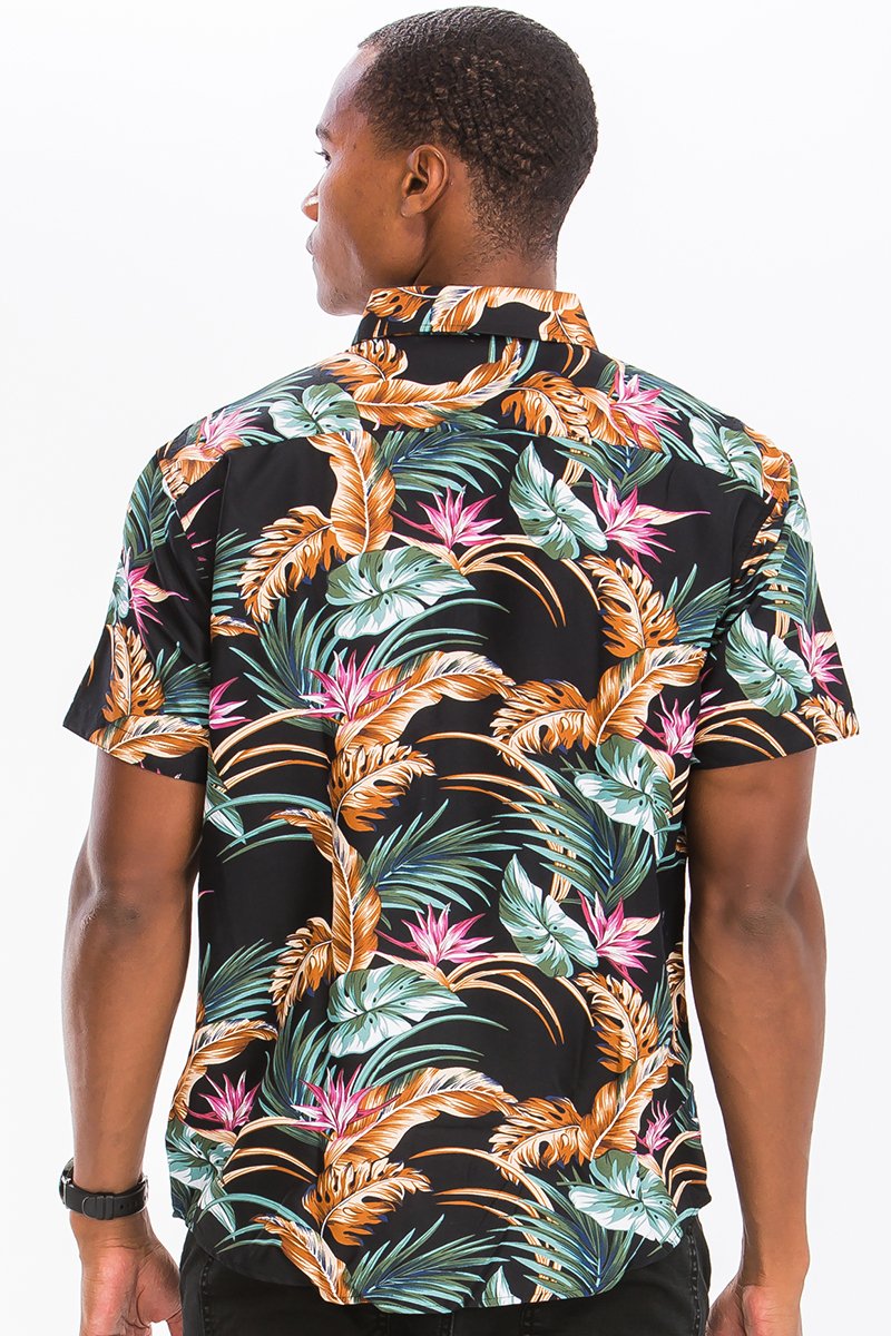 A vibrant Hawaiian Print Button Down Shirt featuring unique digital patterns, a chest pocket, and a regular fit, perfect for summer outings.