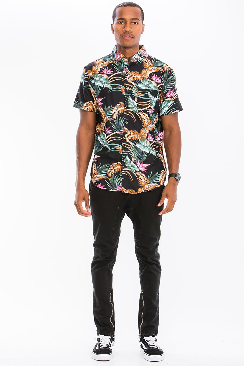 A vibrant Hawaiian Print Button Down Shirt featuring unique digital patterns, a chest pocket, and a regular fit, perfect for summer outings.