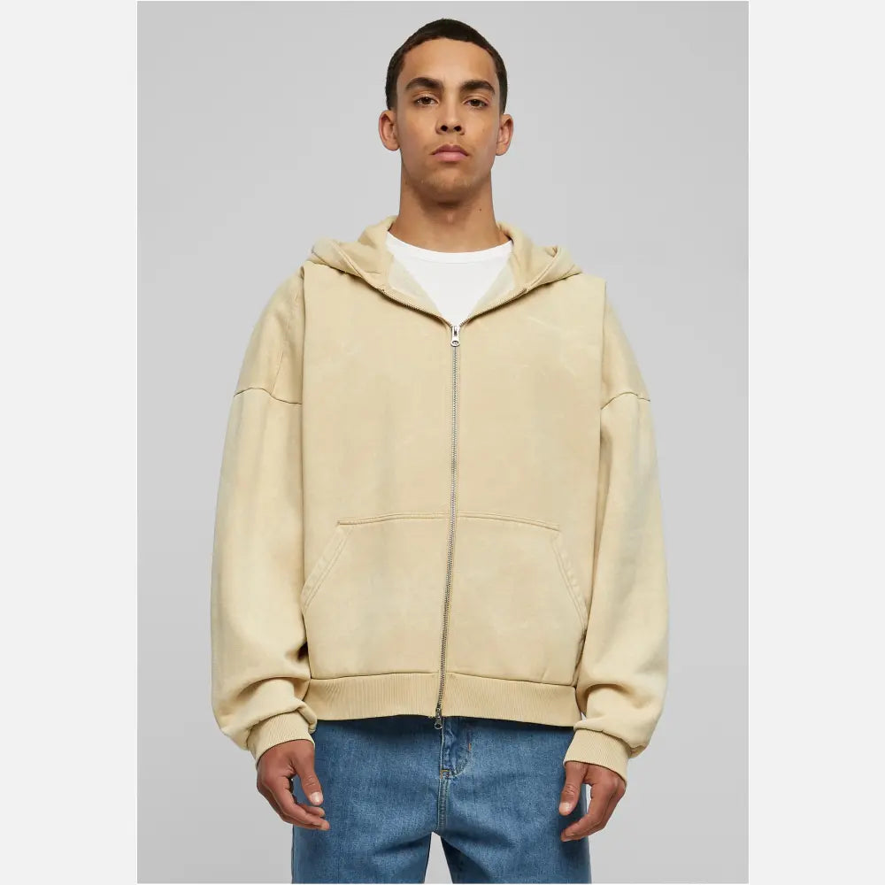 Heavy Stone Washed 90s Zip Hoodie featuring an oversized fit, kangaroo pocket, and metal zipper in a stylish stone wash finish.