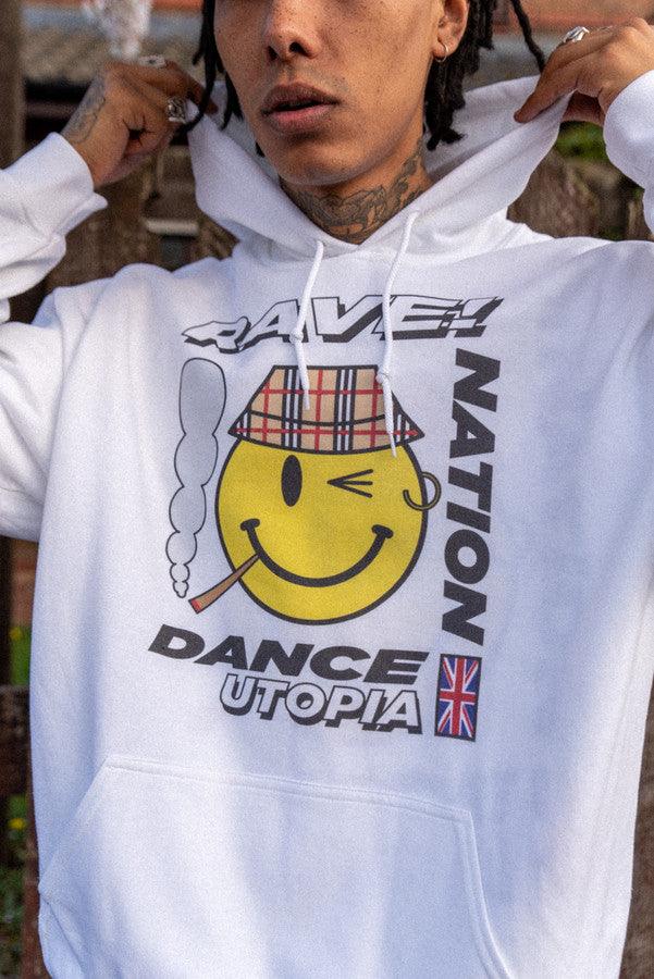 Heavyweight white hoodie featuring Rave Nation print, showcasing a relaxed fit and stylish design.