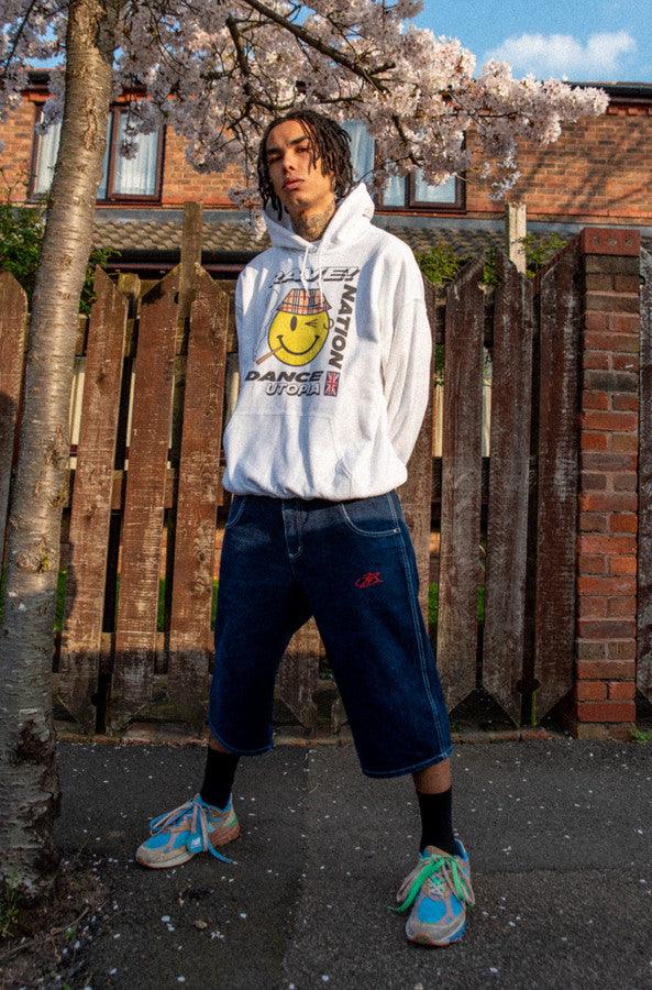 Heavyweight white hoodie featuring Rave Nation print, showcasing a relaxed fit and stylish design.