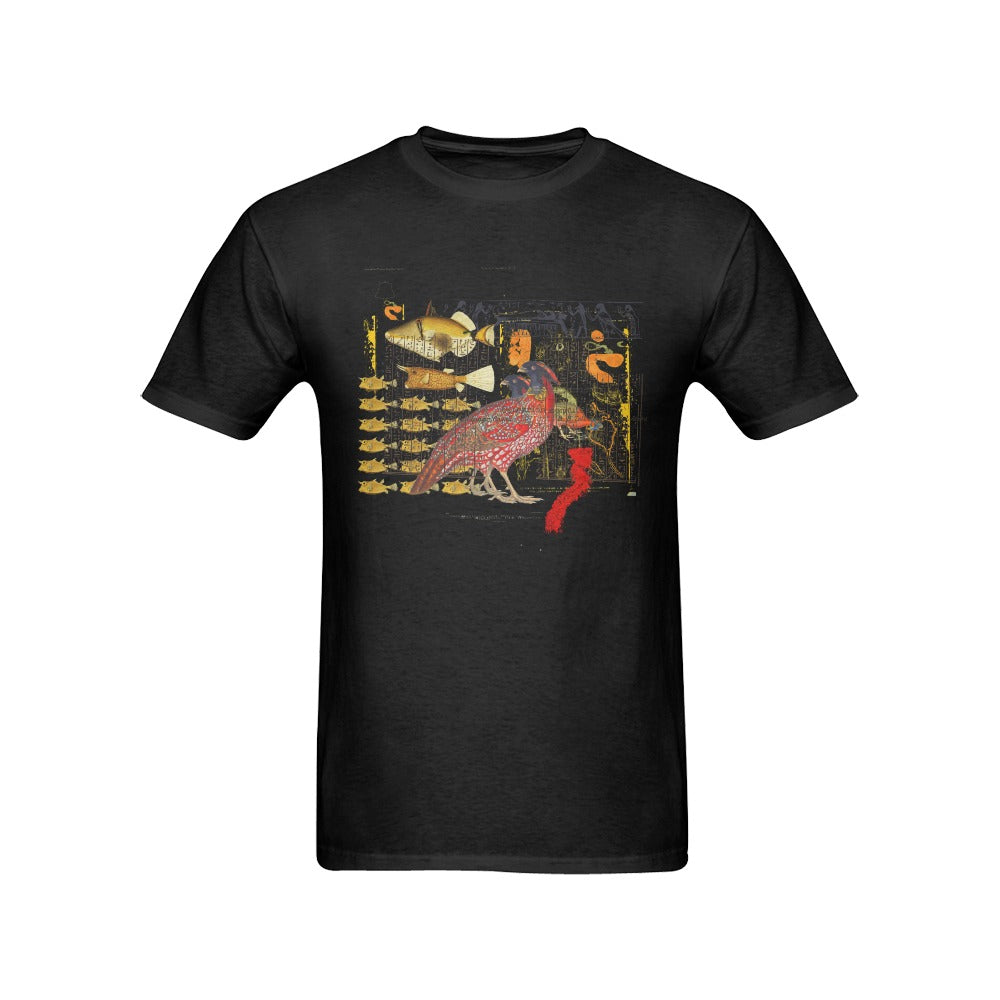 Hens and Hieroglyphics Men's Printed Cotton Tee Shirt featuring vintage nature illustrations on a classic cotton fabric.
