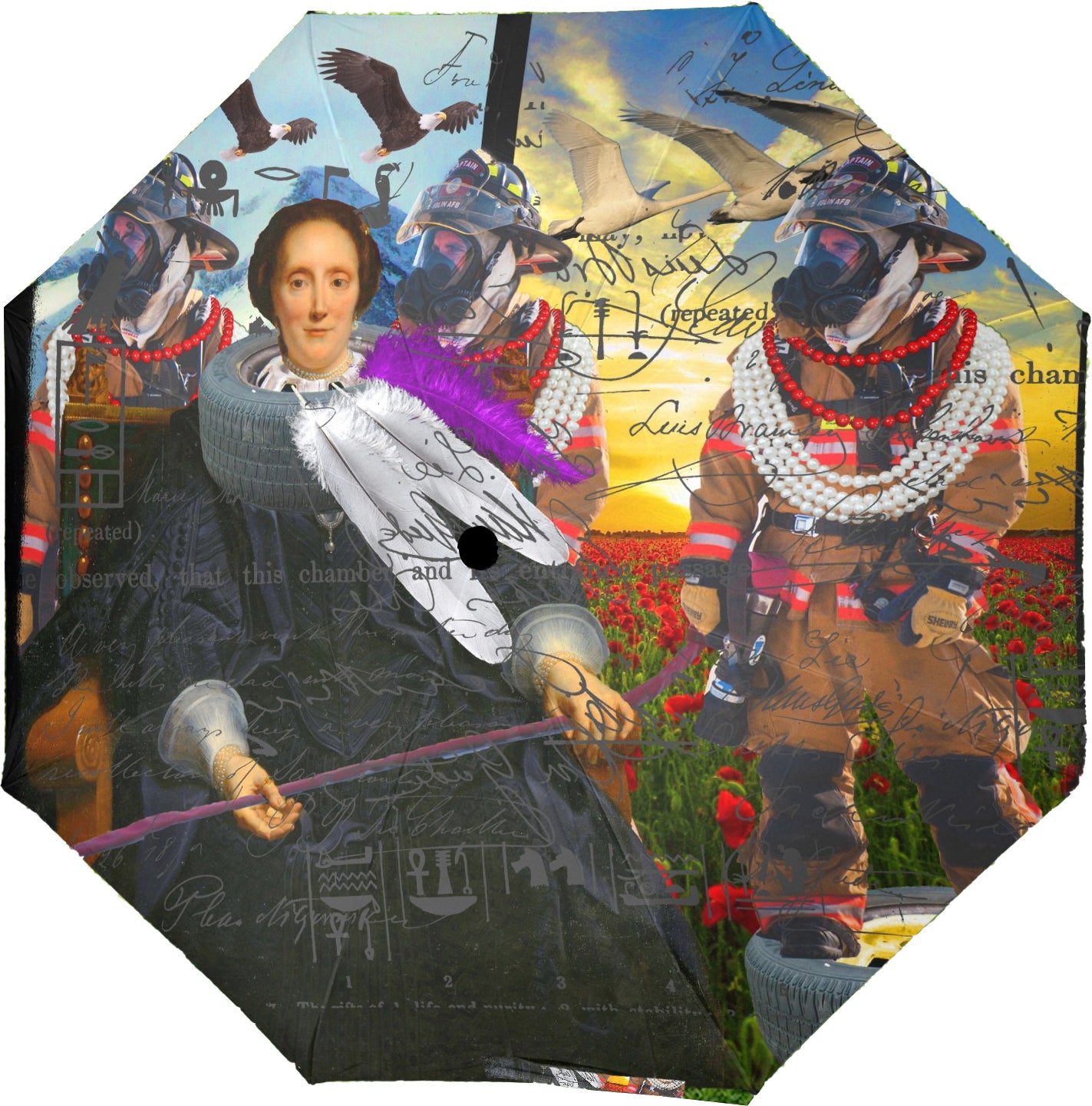 HERE, LET ME HELP YOU OUT WITH THAT II Semi-Automatic Foldable umbrella featuring vibrant collage designs and a comfortable foam handle.