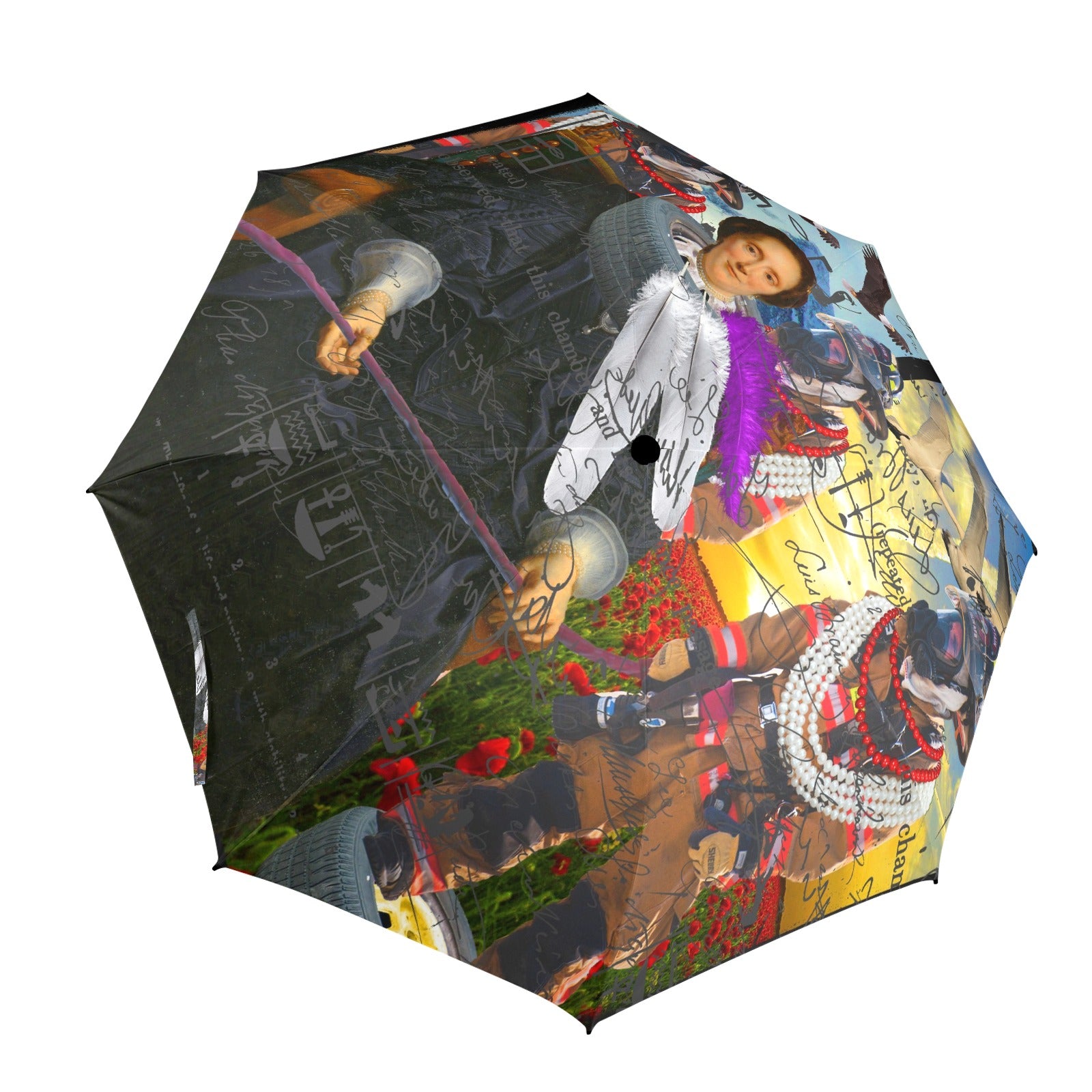 HERE, LET ME HELP YOU OUT WITH THAT II Semi-Automatic Foldable umbrella featuring vibrant collage designs and a comfortable foam handle.