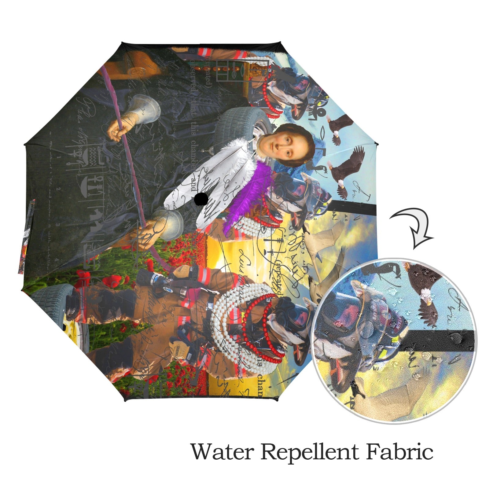 HERE, LET ME HELP YOU OUT WITH THAT II Semi-Automatic Foldable umbrella featuring vibrant collage designs and a comfortable foam handle.