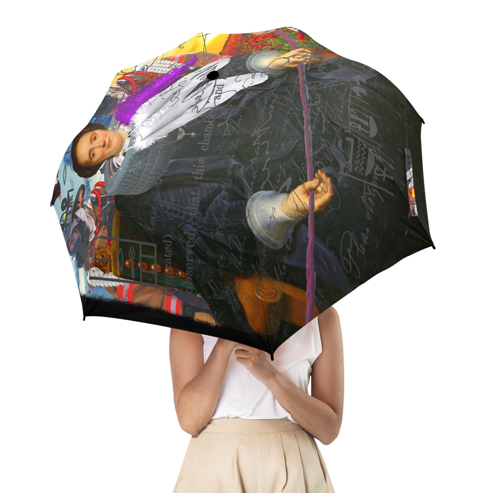 HERE, LET ME HELP YOU OUT WITH THAT II Semi-Automatic Foldable umbrella featuring vibrant collage designs and a comfortable foam handle.