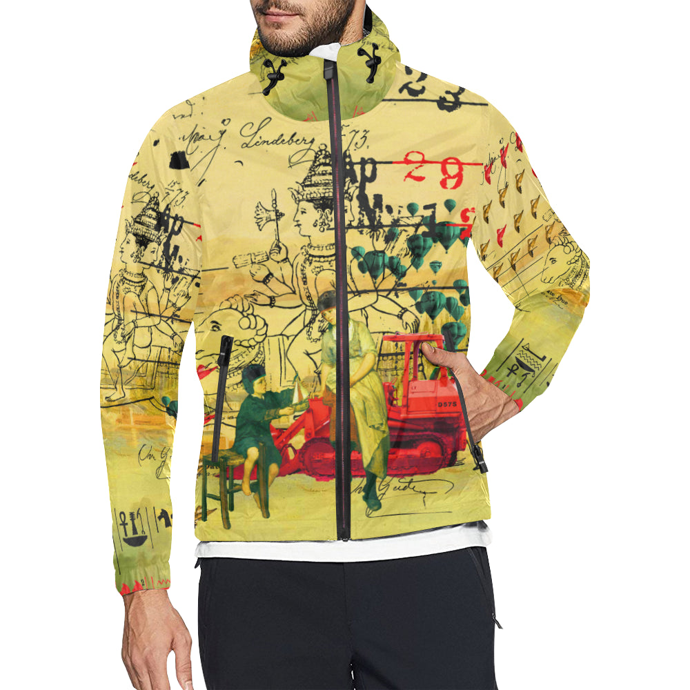 HERE, TAKE IT II All Over Print Windbreaker showcasing vibrant collage designs, featuring zip closure and adjustable hood.
