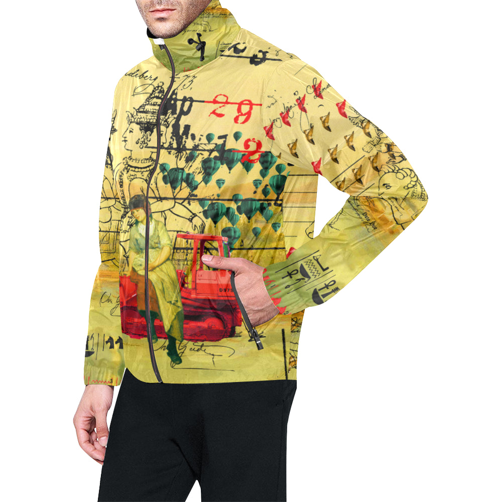 HERE, TAKE IT II All Over Print Windbreaker showcasing vibrant collage designs, featuring zip closure and adjustable hood.