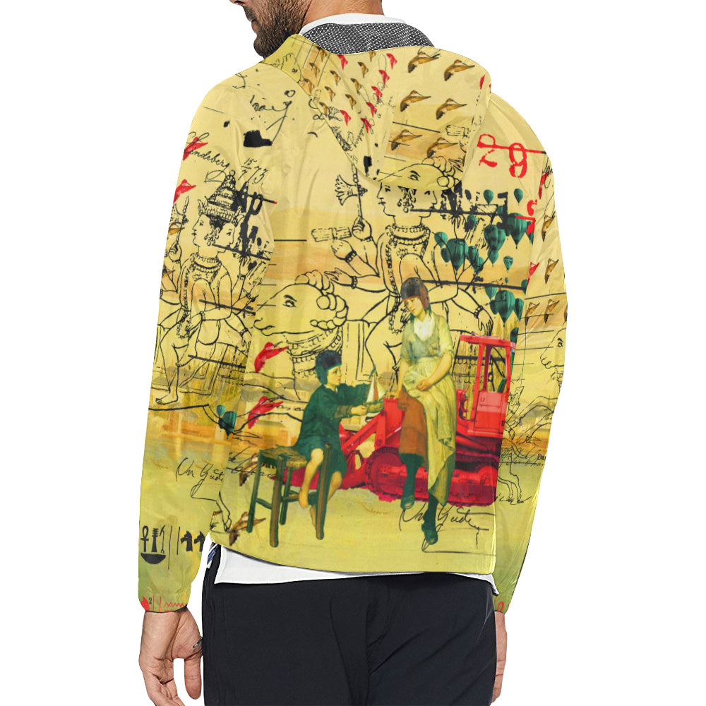 HERE, TAKE IT II All Over Print Windbreaker showcasing vibrant collage designs, featuring zip closure and adjustable hood.