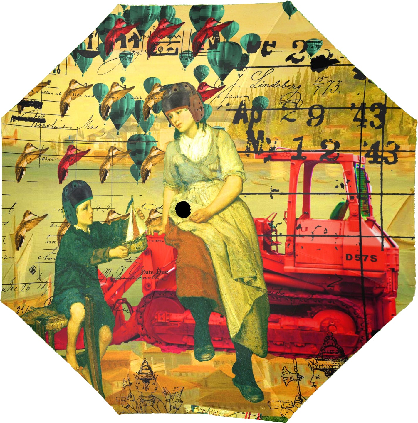 HERE, TAKE IT II Semi-Automatic Foldable Umbrella showcasing vibrant collage designs with a comfortable foam handle.