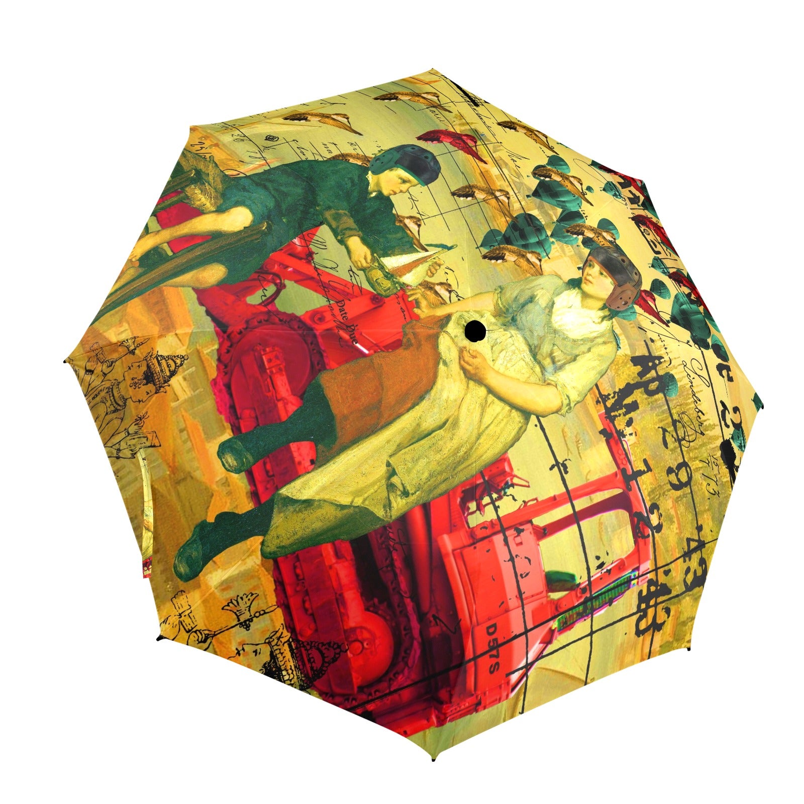 HERE, TAKE IT II Semi-Automatic Foldable Umbrella showcasing vibrant collage designs with a comfortable foam handle.