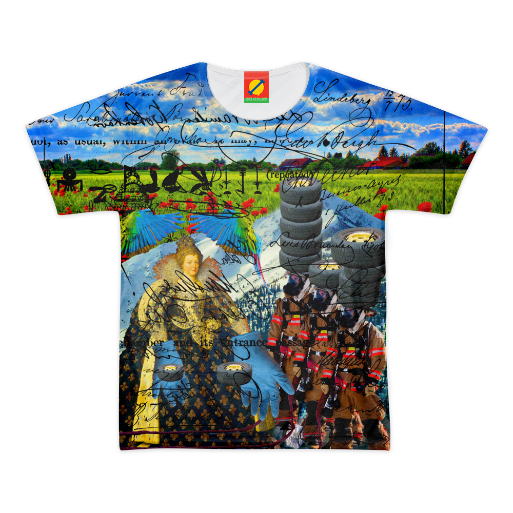 Men's All Over Print Tee featuring vibrant colors and a classic round neck design, made from 100% cotton fabric.