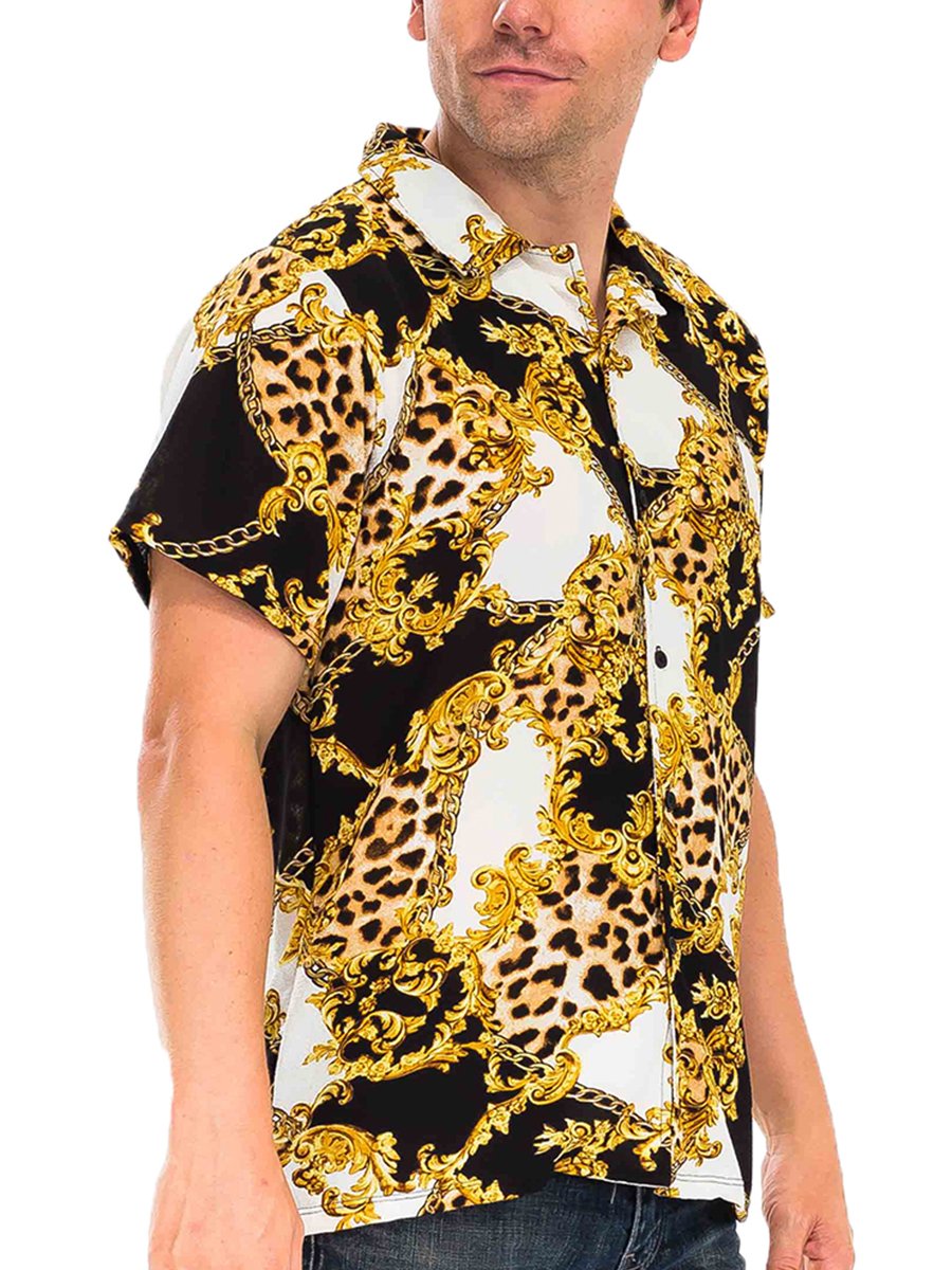 A stylish Hidden Cheetah Button Down Shirt featuring a unique hidden cheetah print, six-button closure, and a classic collar, perfect for casual and semi-formal wear.