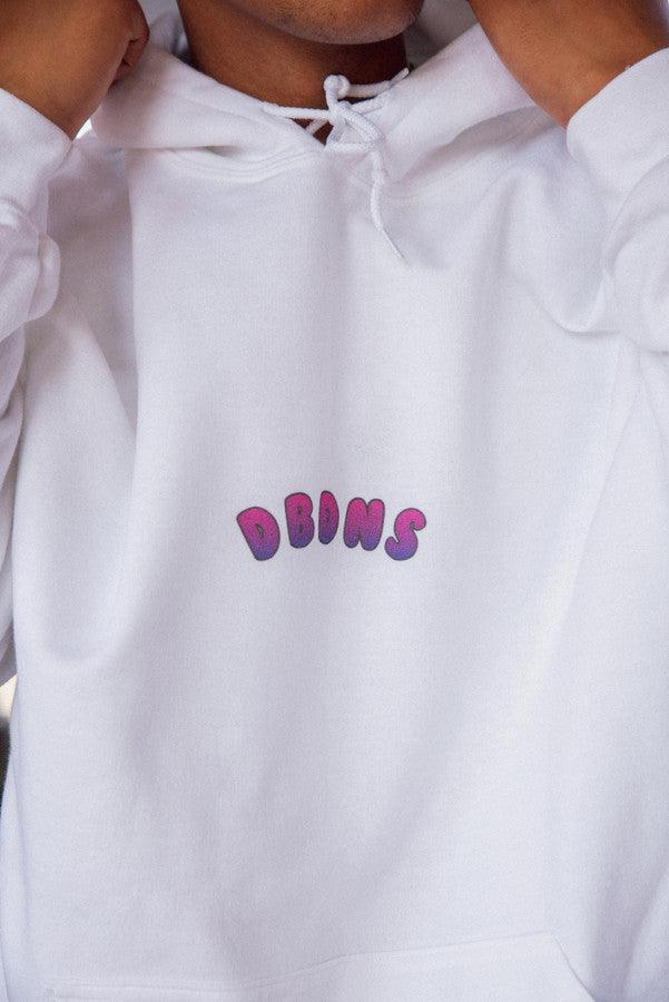 White hoodie featuring a vibrant grape bubble logo print, showcasing a relaxed fit and woven label details.