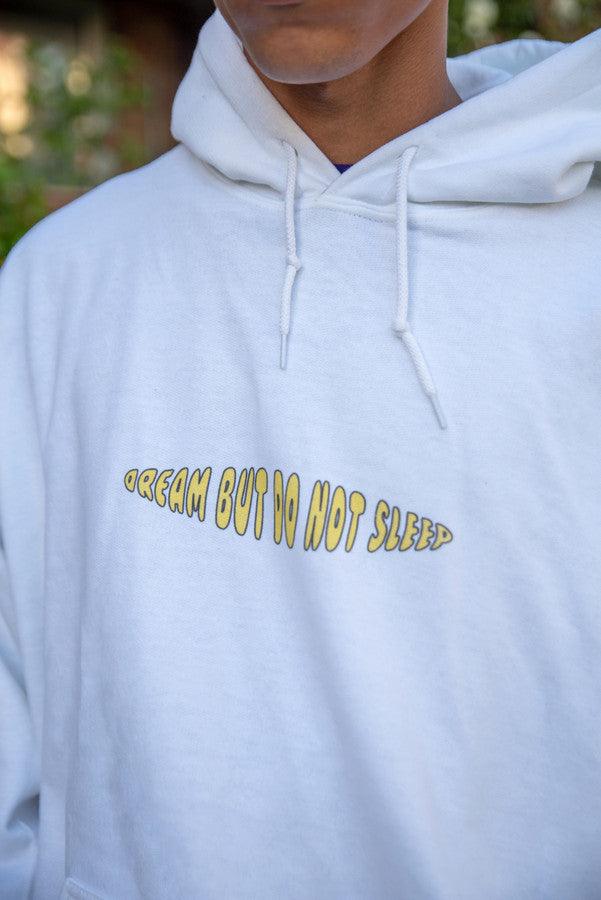 White hoodie featuring a vibrant Vitamin D summer print, showcasing a relaxed fit and stylish design, perfect for summer outings.