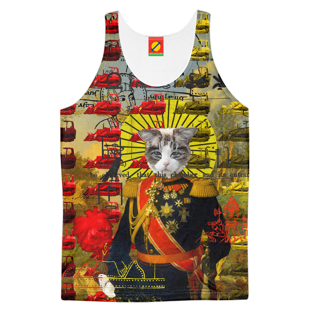 Men's tank top featuring a vibrant red and yellow all-over print design, perfect for summer wear.