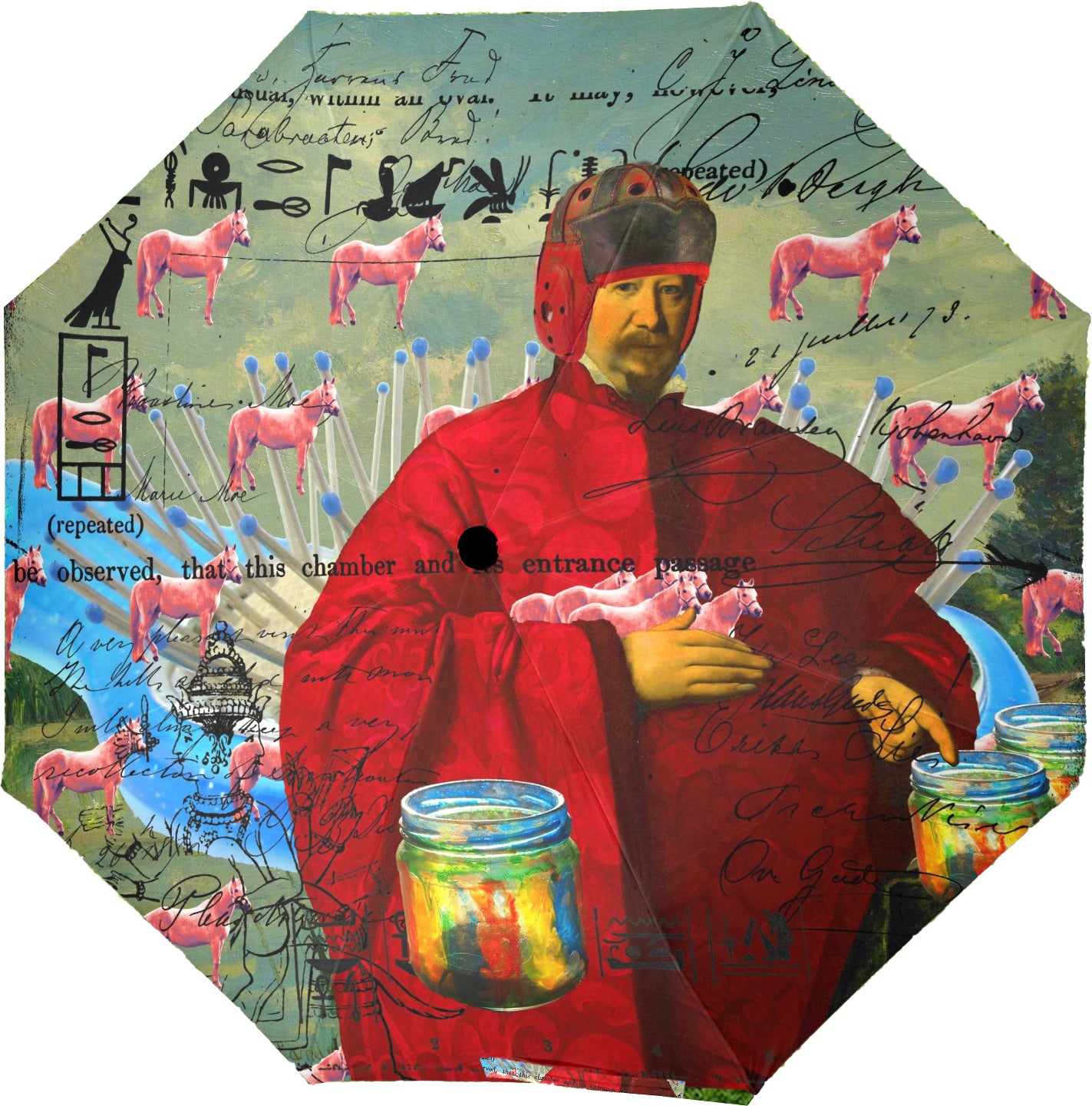 I FOUND THEM IN THERE III Semi-Automatic Foldable Umbrella featuring vibrant collage designs and a comfortable foam handle.