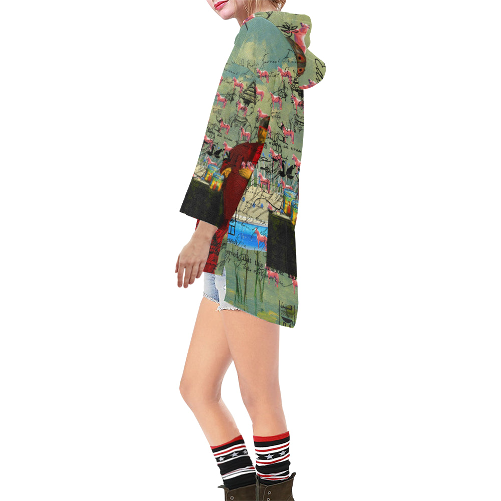 I FOUND THEM IN THERE III Unisex Step Hem Tunic Hoodie featuring a drawstring hood, v-neckline, and vibrant collage prints.