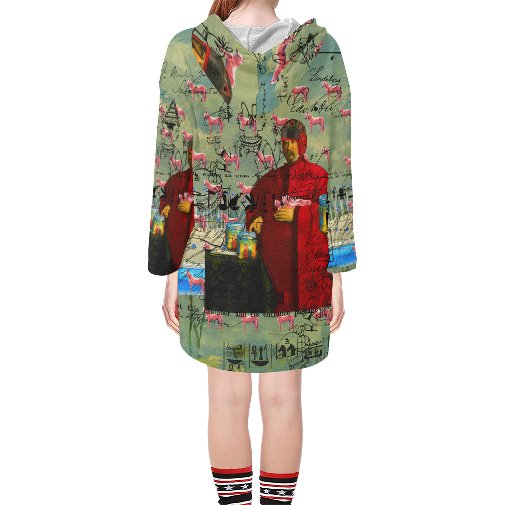 I FOUND THEM IN THERE III Unisex Step Hem Tunic Hoodie featuring a drawstring hood, v-neckline, and vibrant collage prints.