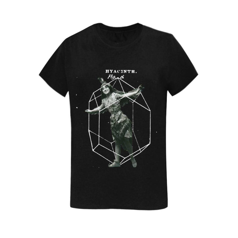 A stylish women's printed cotton tee shirt featuring vibrant colors and unique collage designs.