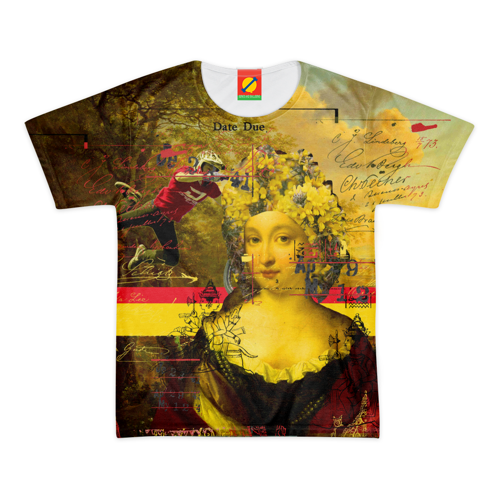 Men's all-over print tee featuring a vibrant yellow flower headdress design, made from 100% cotton for comfort.