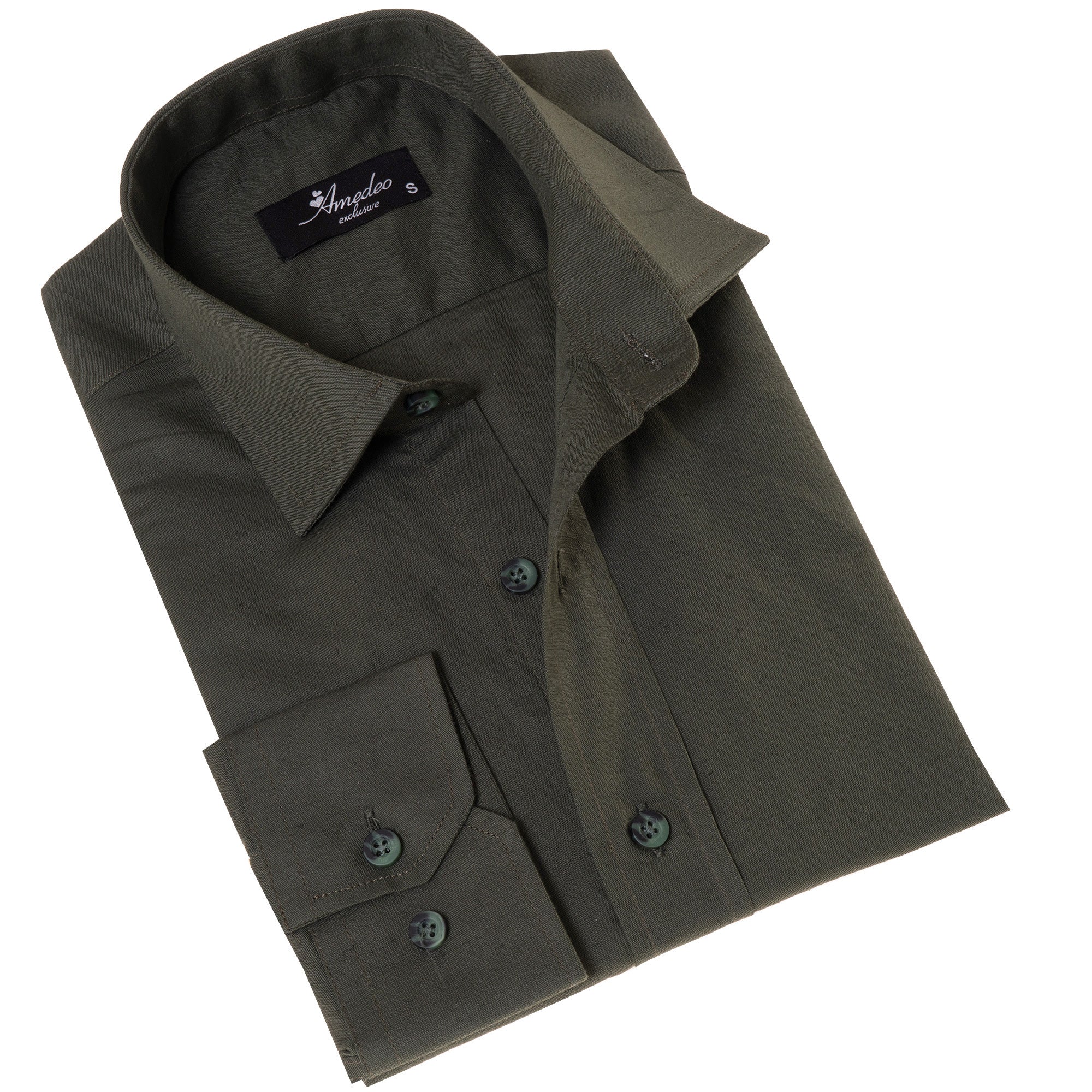 Khaki Luxury Men's Tailor Fit Button Up Linen Shirt displayed on a hanger, showcasing its elegant design and high-quality fabric.