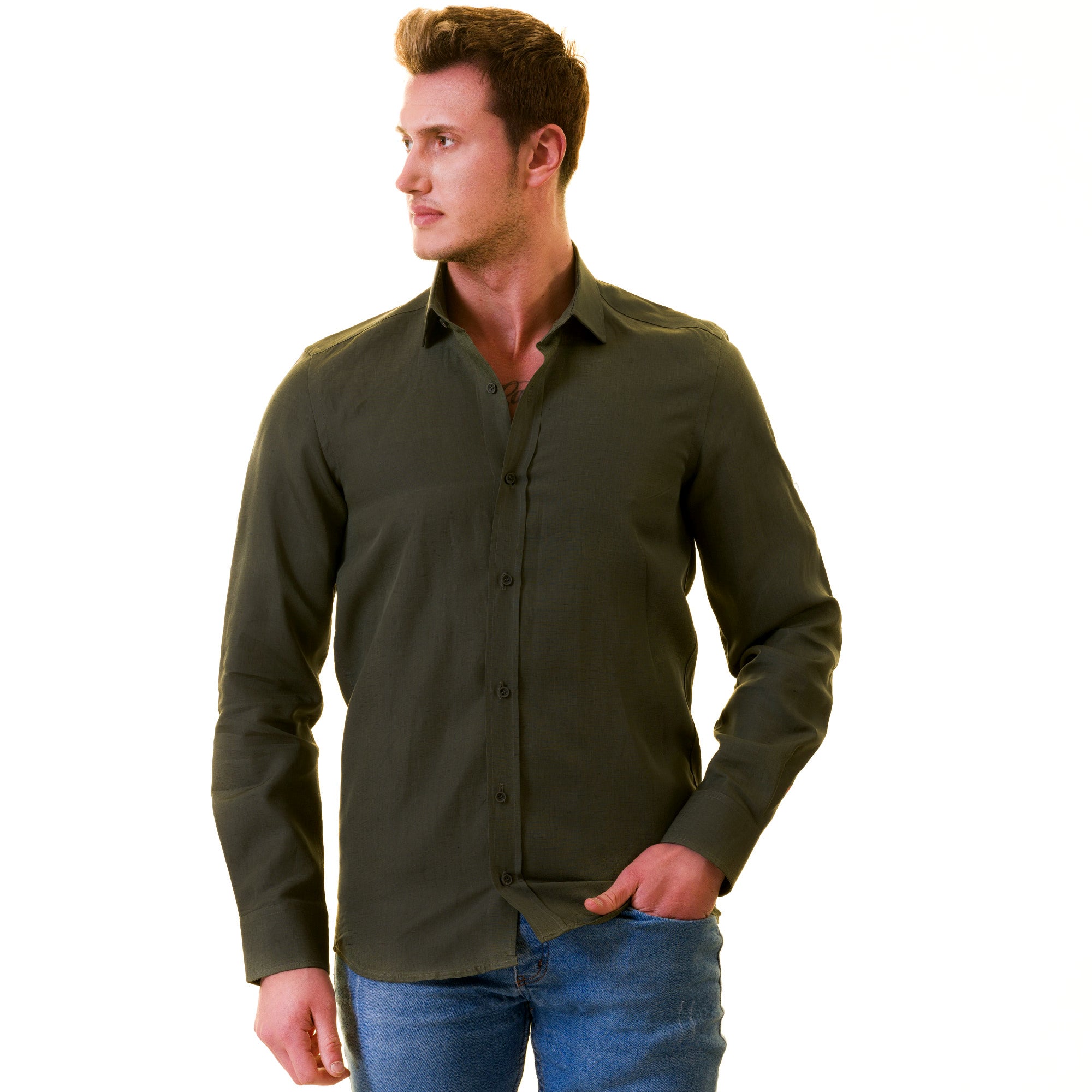 Khaki Luxury Men's Tailor Fit Button Up Linen Shirt displayed on a hanger, showcasing its elegant design and high-quality fabric.