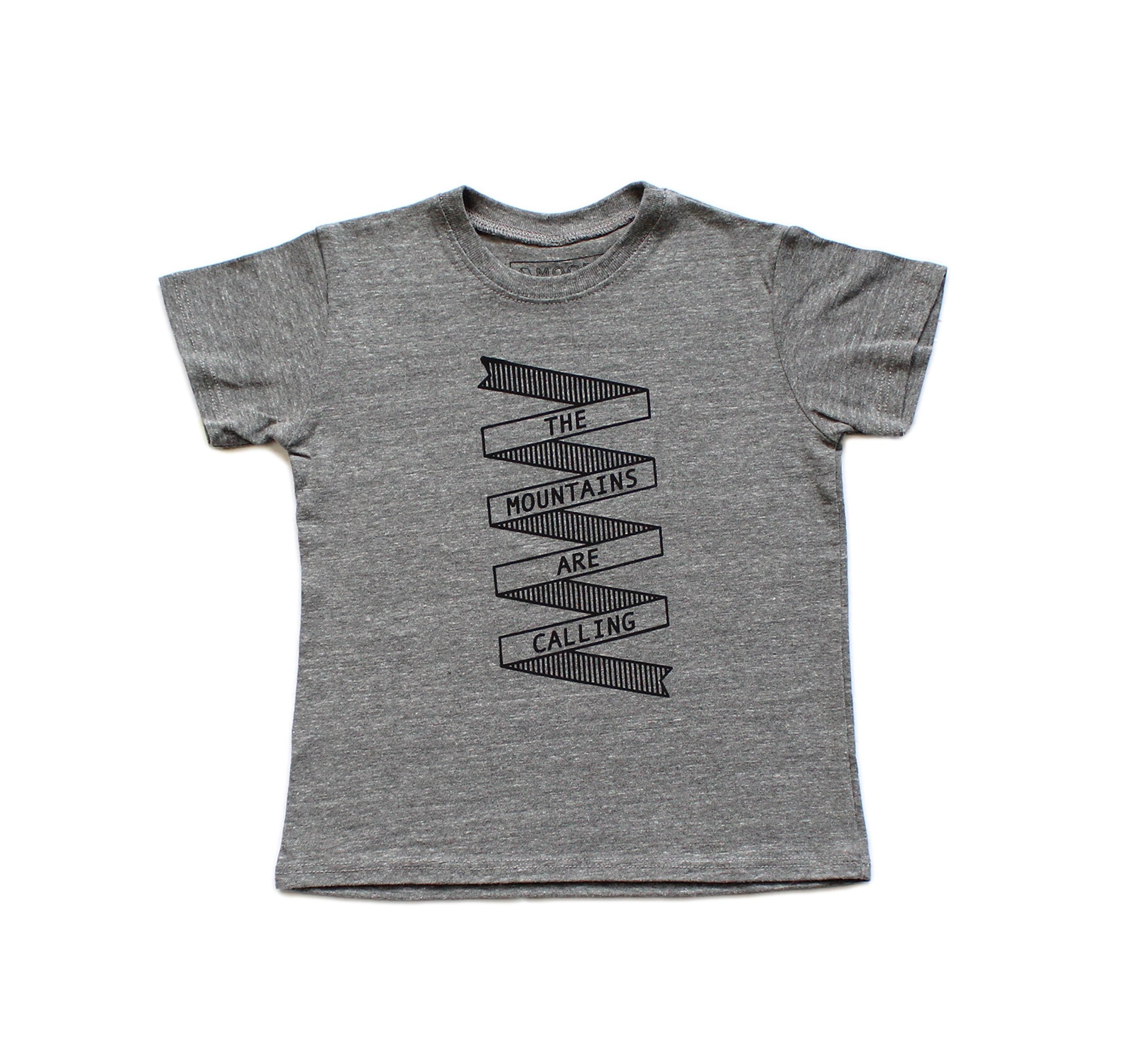 Heather gray kids graphic tee featuring mountains and a quote, made from soft tri-blend fabric.
