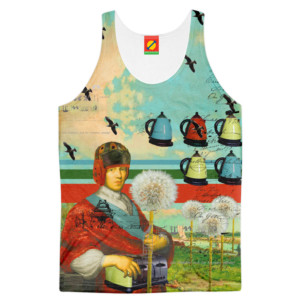 Men's tank top featuring an all-over vibrant sublimation print, designed for comfort and style in warm weather.