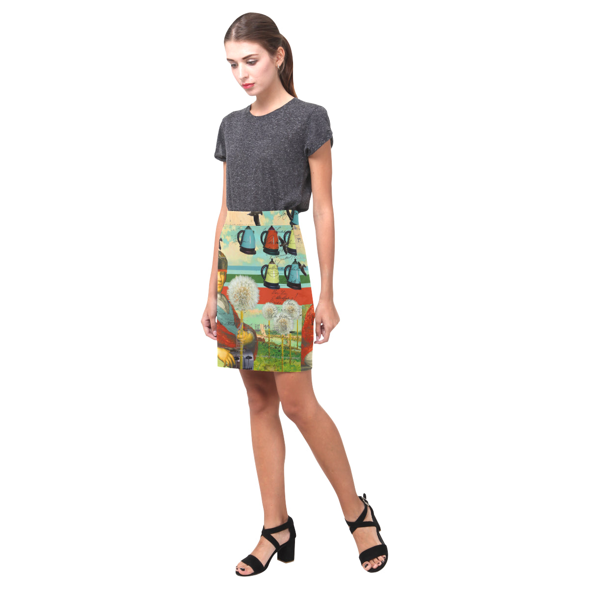 Vibrant KITCHENWARES AND DANDELIONS Skirt with all-over print design, showcasing colorful patterns on a soft, lightweight fabric.