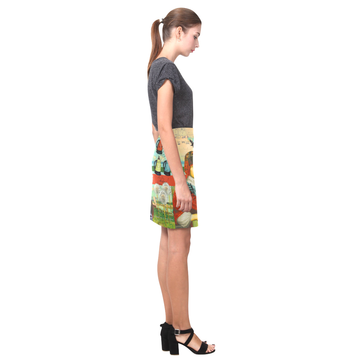 Vibrant KITCHENWARES AND DANDELIONS Skirt with all-over print design, showcasing colorful patterns on a soft, lightweight fabric.