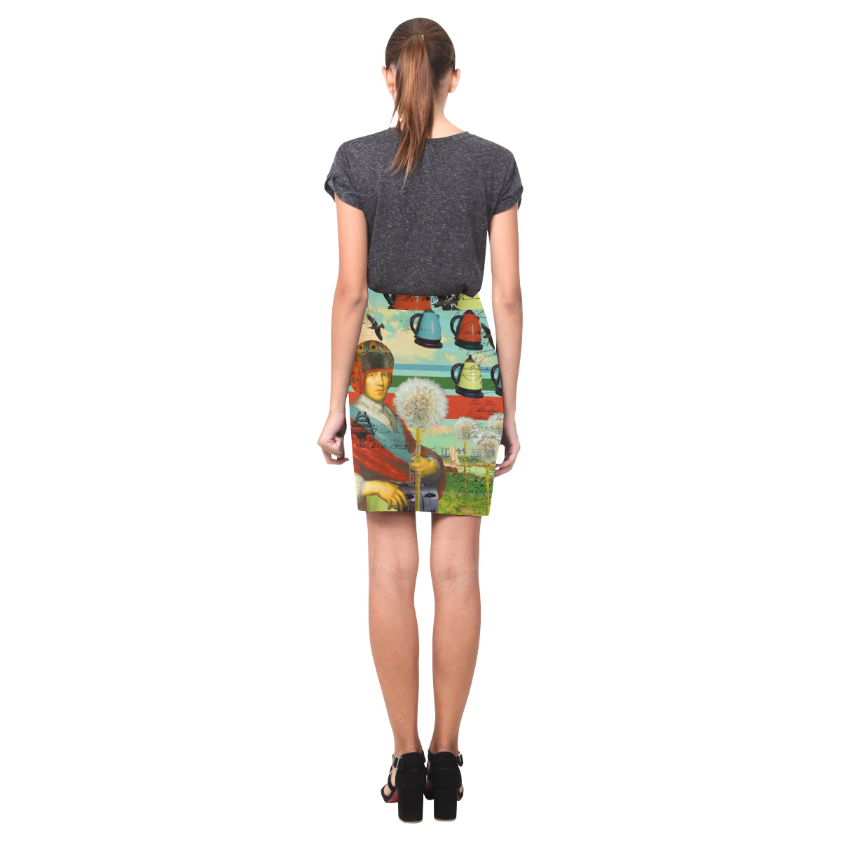 Vibrant KITCHENWARES AND DANDELIONS Skirt with all-over print design, showcasing colorful patterns on a soft, lightweight fabric.