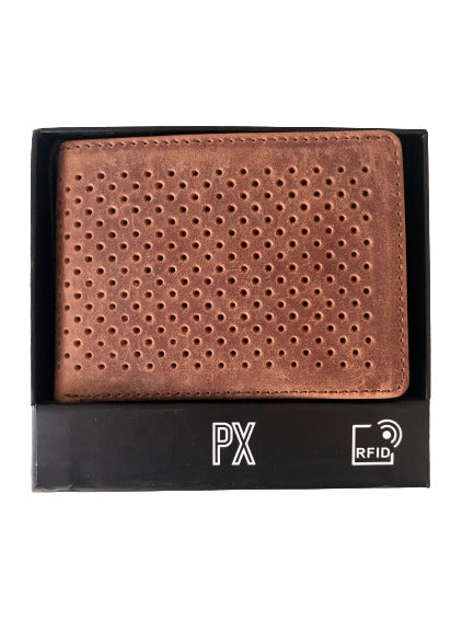 Kyle Leather Perforated Bifold Wallet in brown, showcasing its stylish perforated design and RFID protection features.