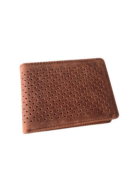 Kyle Leather Perforated Bifold Wallet in brown, showcasing its stylish perforated design and RFID protection features.