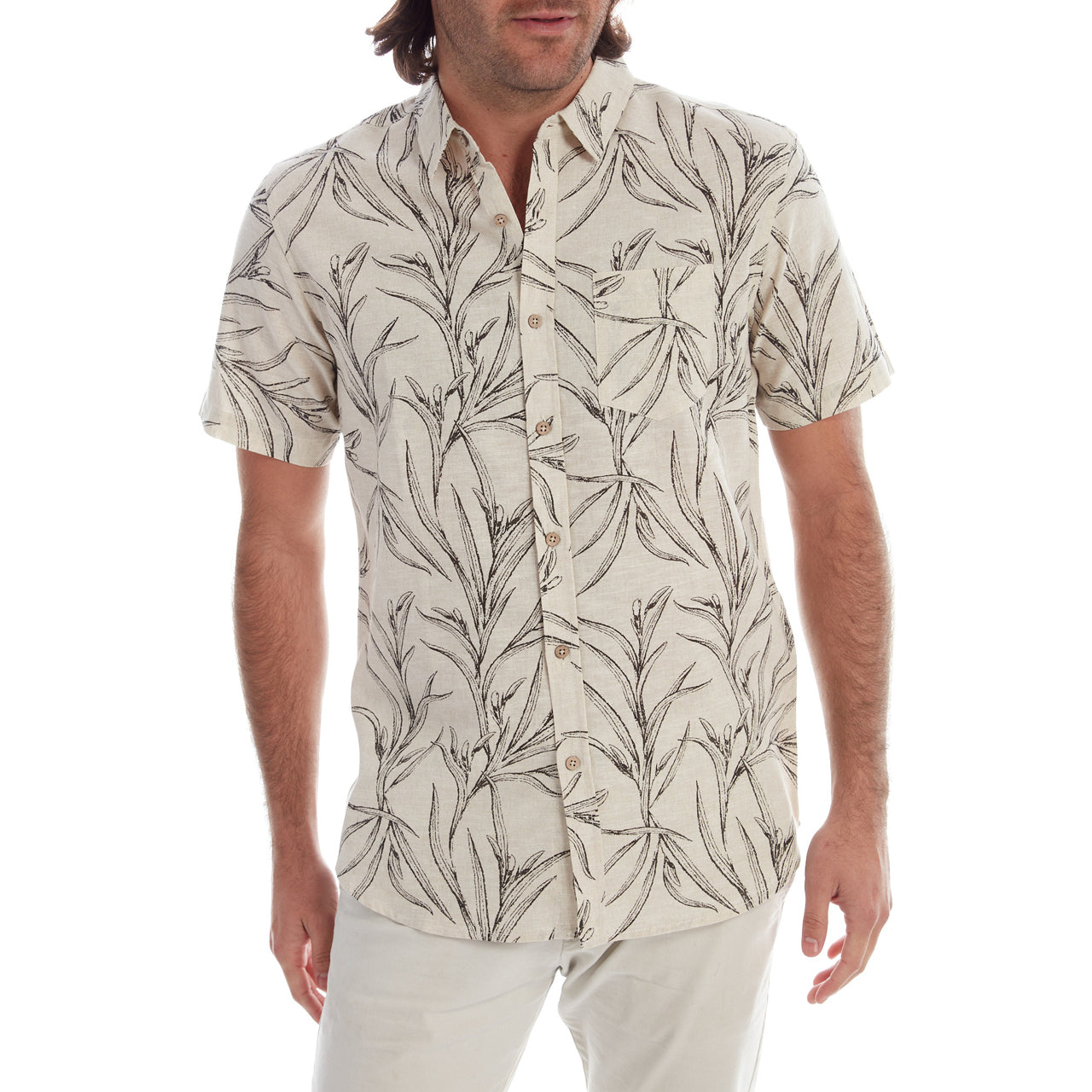 Kyle Printed Linen Cotton Shirt featuring a stylish all-over print and a patch pocket, made from a comfortable linen-cotton blend.