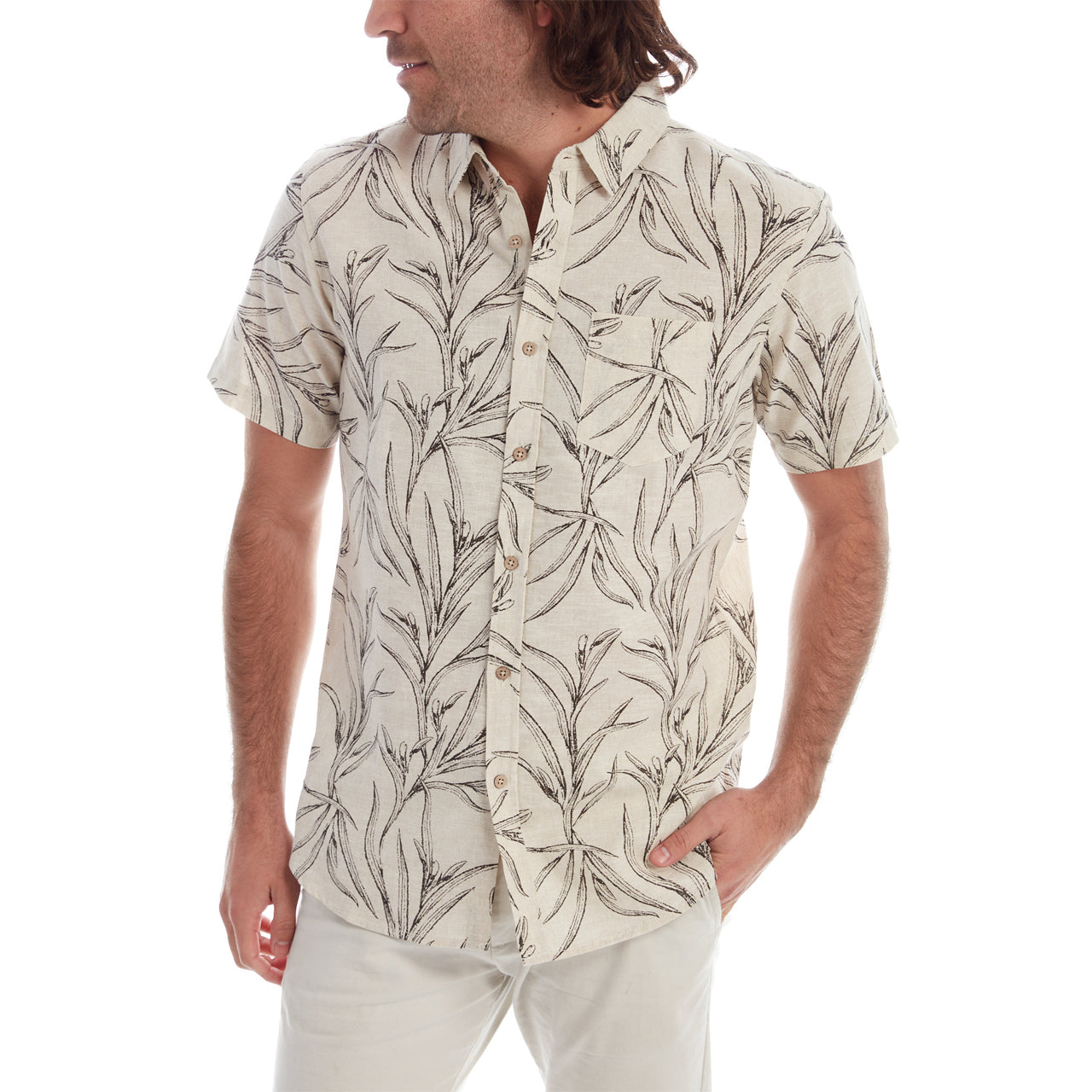 Kyle Printed Linen Cotton Shirt featuring a stylish all-over print and a patch pocket, made from a comfortable linen-cotton blend.