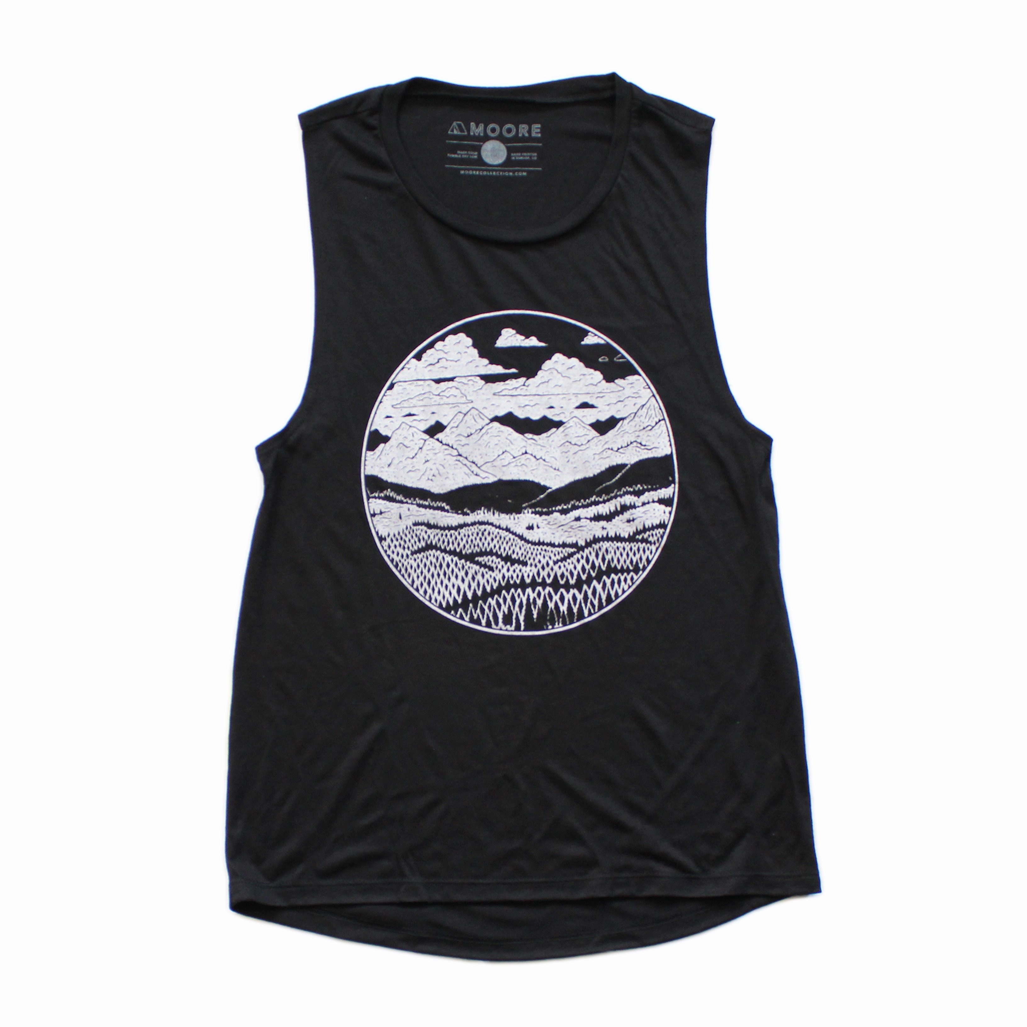 Ladies Mountain Range Muscle Tank in black featuring a mountain range design, made from soft ringspun cotton.