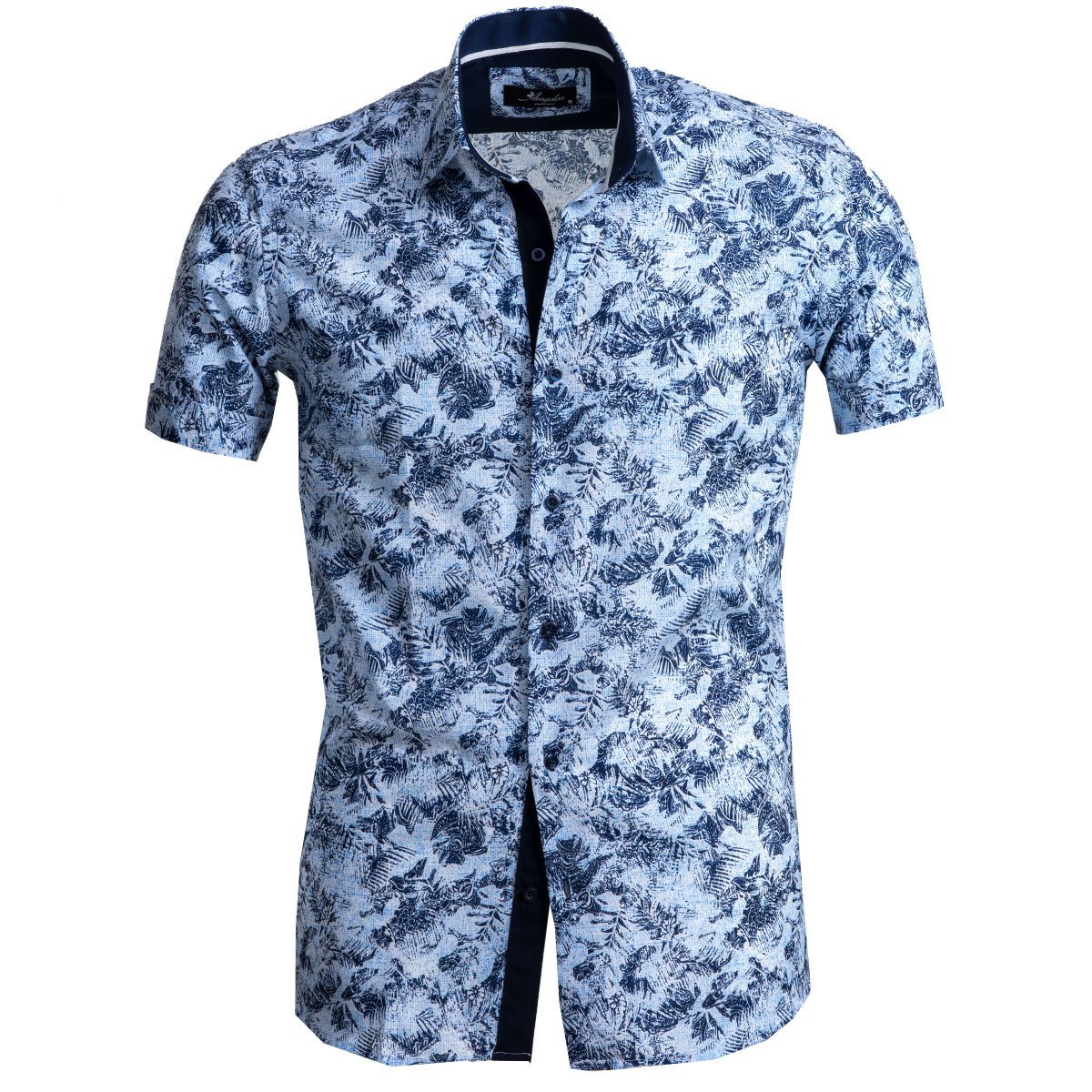 Light Blue Floral Paisley Men's Short Sleeve Button-up Shirt made from luxury European cotton, featuring a modern spread collar and slim fit design.