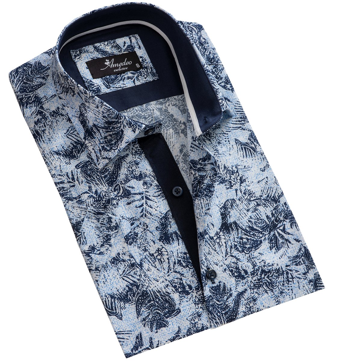 Light Blue Floral Paisley Men's Short Sleeve Button-up Shirt made from luxury European cotton, featuring a modern spread collar and slim fit design.