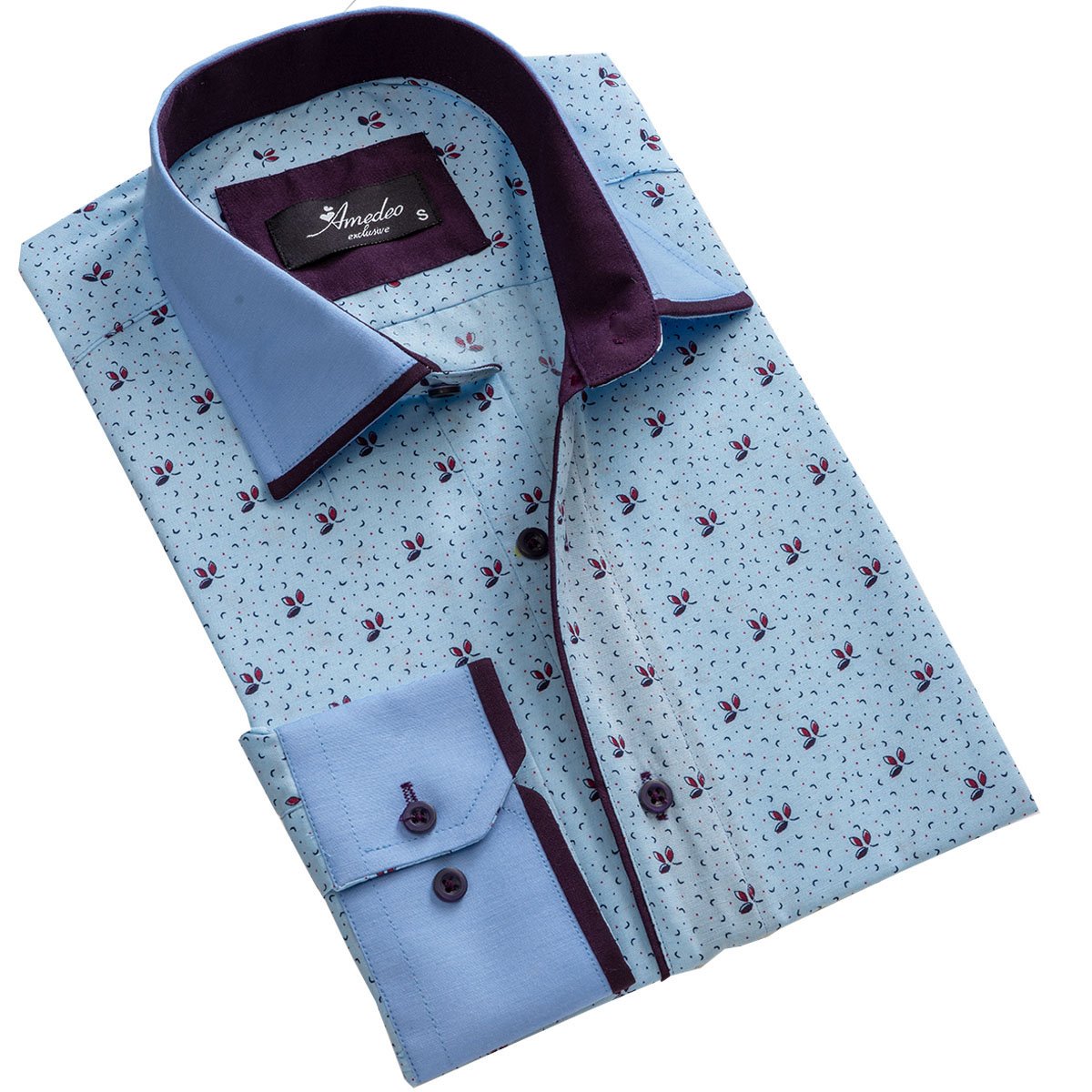 Light Blue & Purple Men's Slim Fit Designer Dress Shirt with spread collar and designer cuff, made from luxury European cotton.
