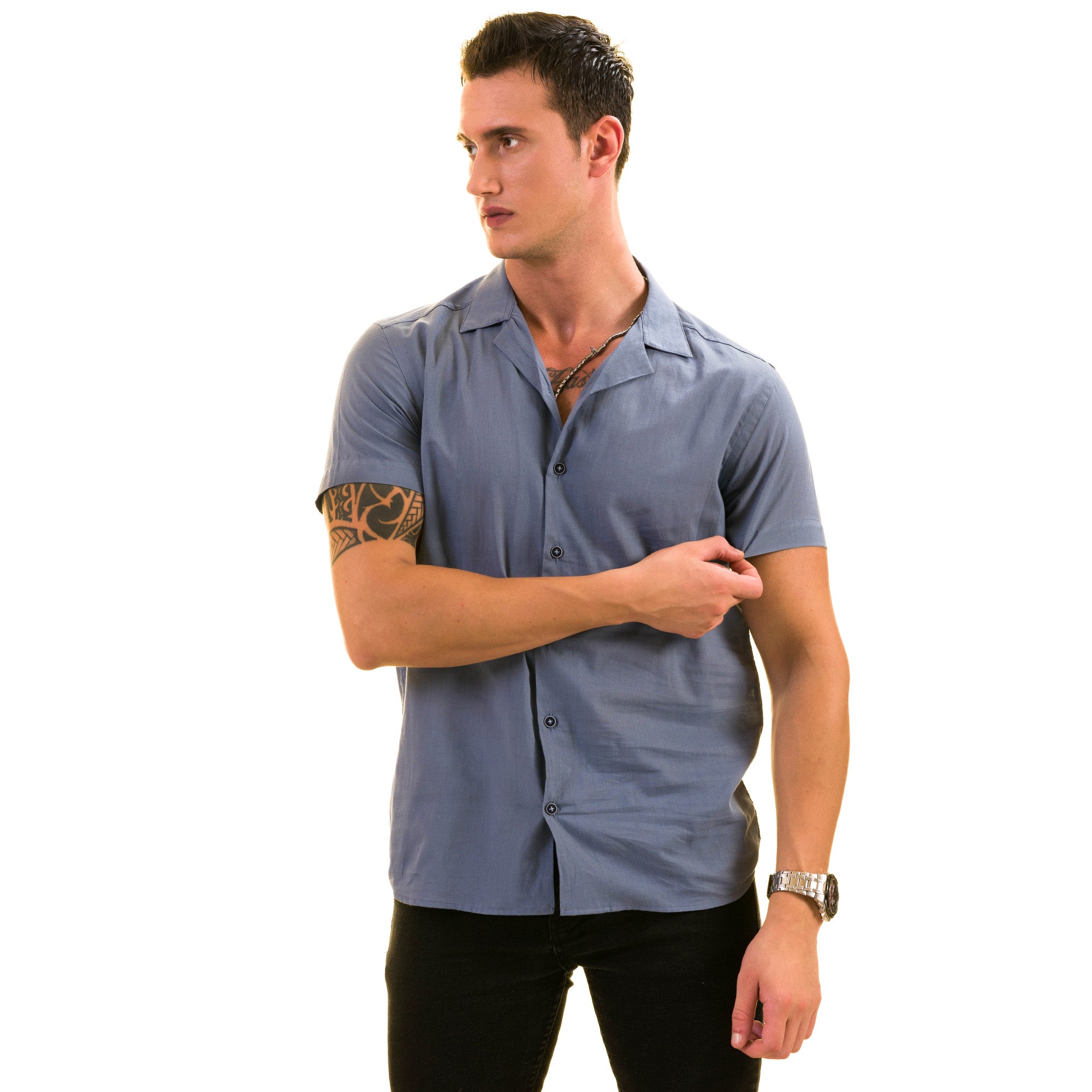 Light Blue Solid Hawaiian Summer Shirt made from luxury European cotton, featuring short sleeves and a modern design, perfect for summer wear.