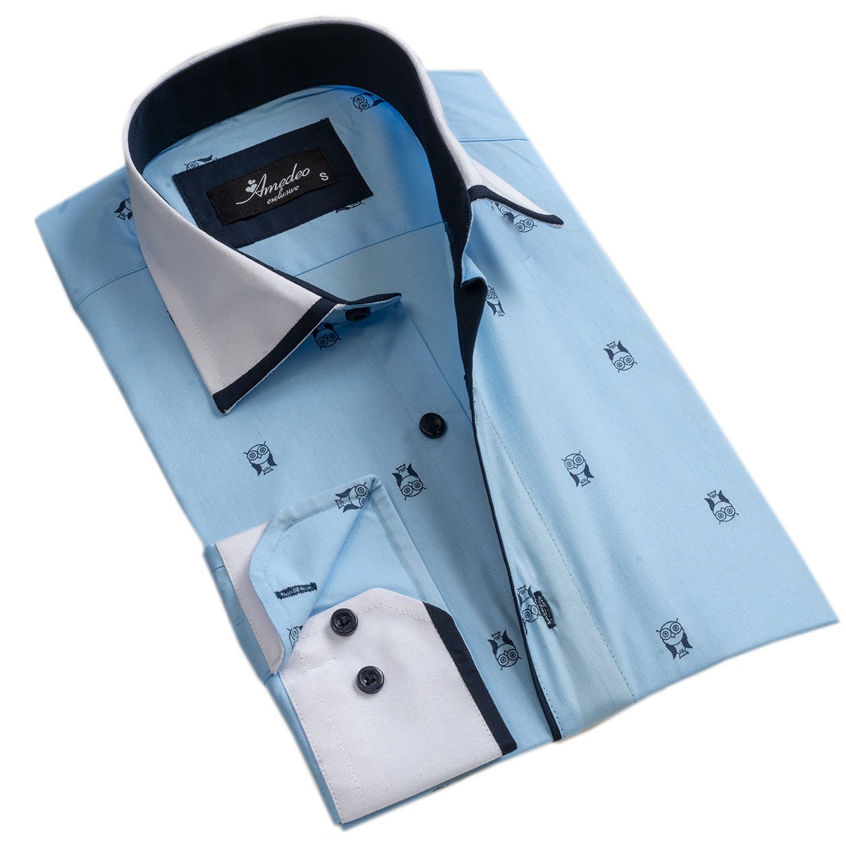 Light Blue and Navy Blue Mens Slim Fit Designer Dress Shirt with long sleeves, showcasing a spread collar and designer cuff.