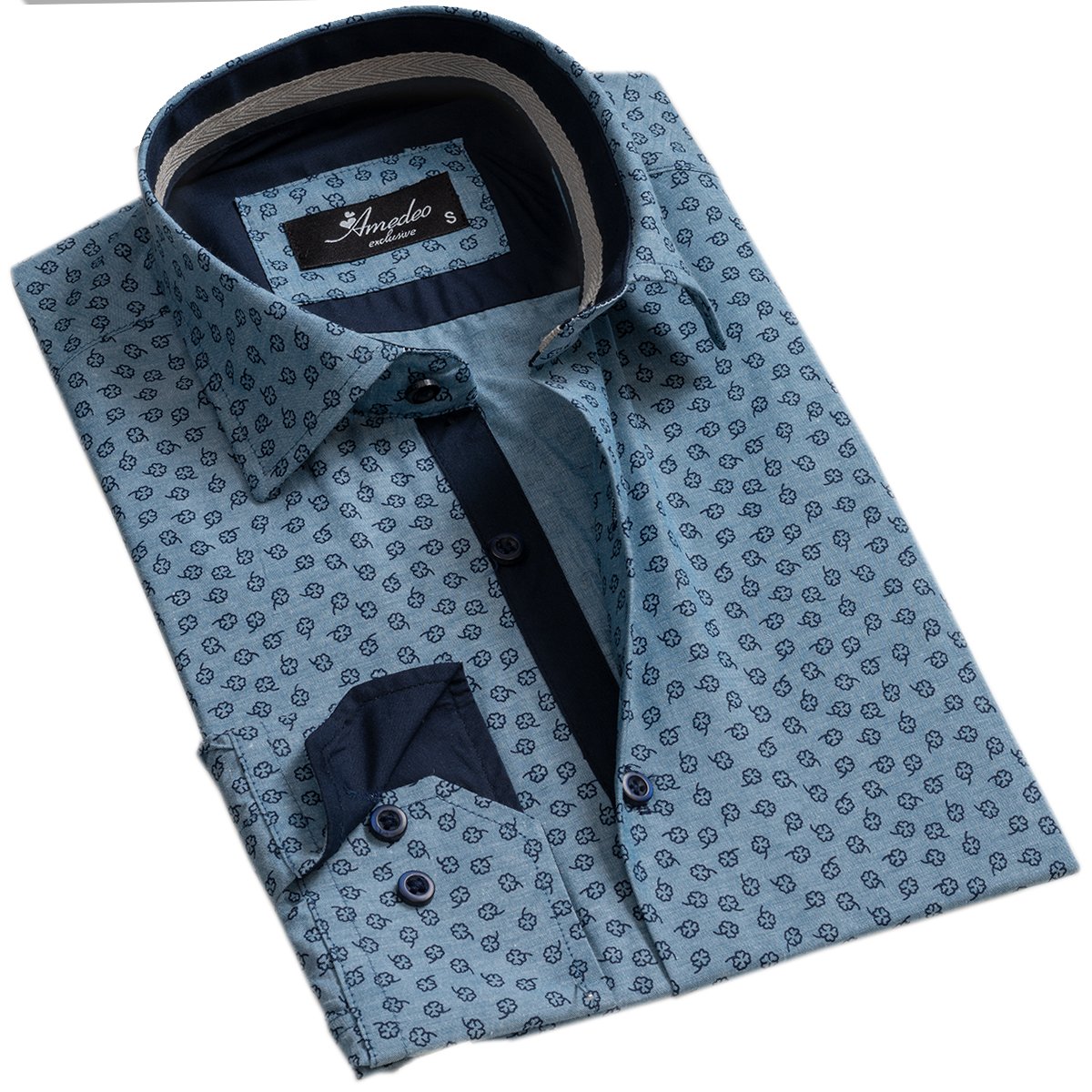 Light Denim Blue Men's Slim Fit Designer Dress Shirt made from luxury cotton, featuring a spread collar and designer cuff.