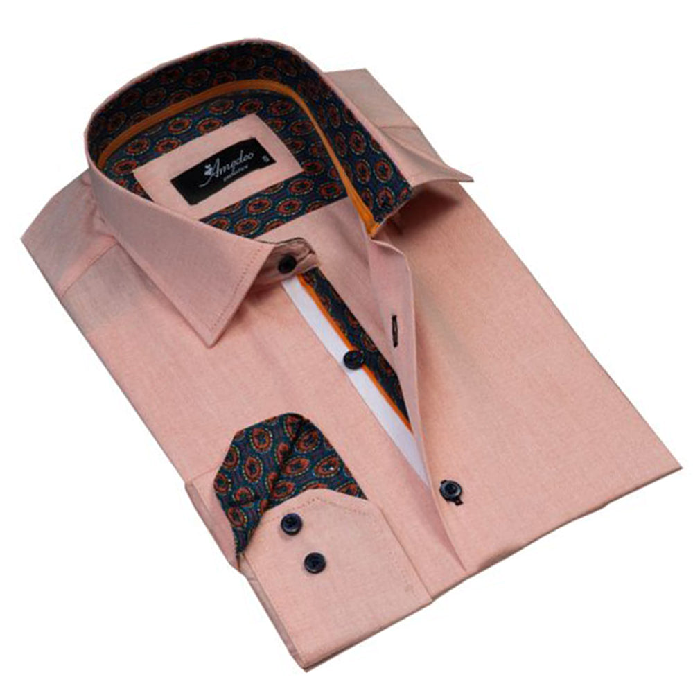 Light orange men's slim fit designer dress shirt made from luxury cotton, featuring a spread collar and designer cuff for versatile styling.
