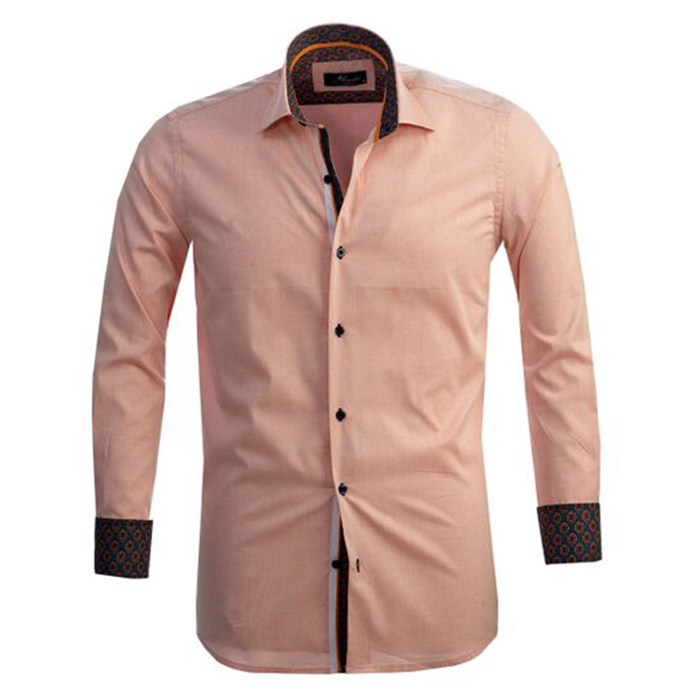 Light orange men's slim fit designer dress shirt made from luxury cotton, featuring a spread collar and designer cuff for versatile styling.