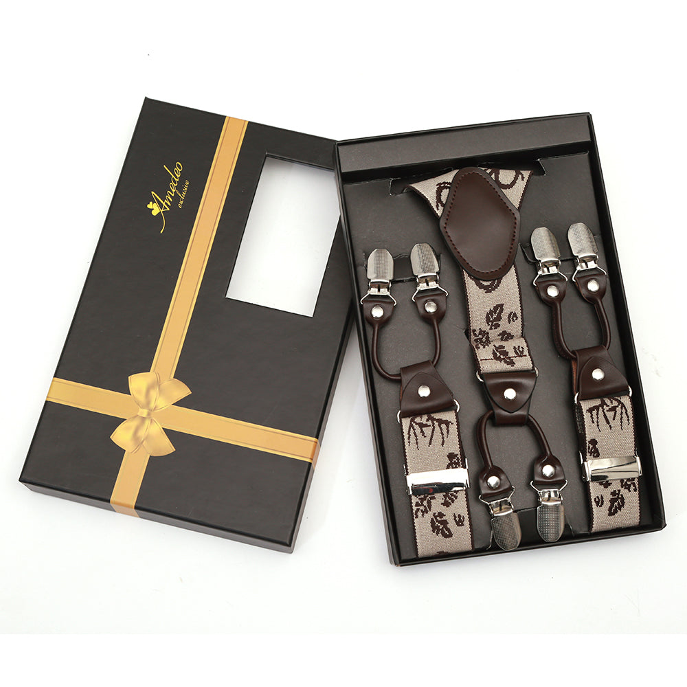 Light Tan Dual Clip On Elastic Suspenders for Men, featuring adjustable clips and a Y-back design, elegantly displayed in a gift box.